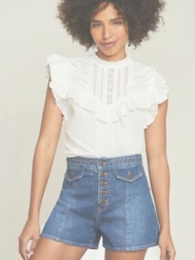 Veronica Beard Tamsyn White Ruffled Lace Yoke Cap Sleeve Top